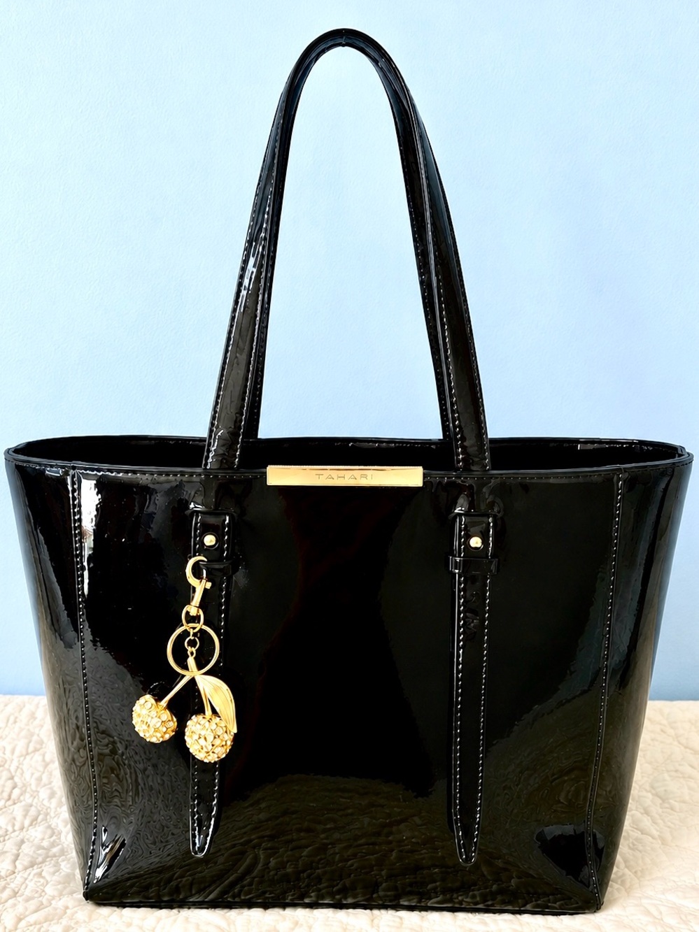 Tahari Black Patent Tote Bag Gold Cherry Charm Chic Office Shoulder Purse